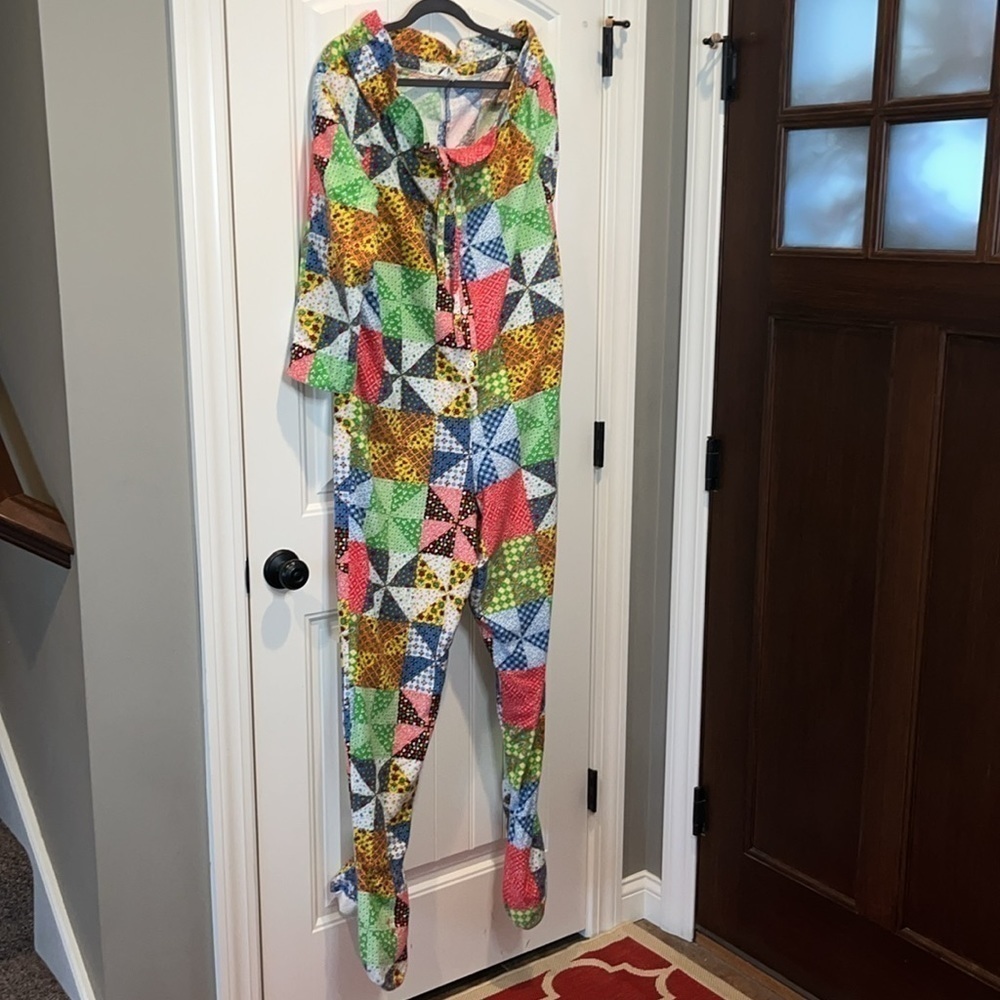 Vintage women Boho hippie patchwork folk Footie one piece pajama romper est sz L